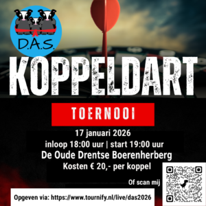 Poster van DAS koppeldarttoernooi 2026 op 17 jan