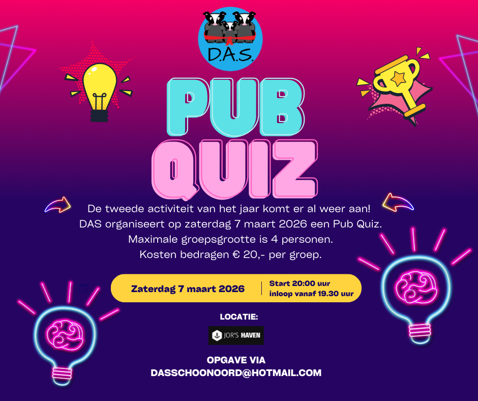 Poster van DAS pubquiz op 7 maart.